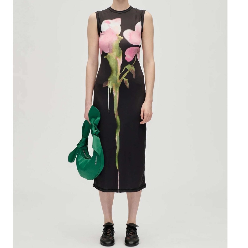 Stine Goya Watercolor Floral Midi Tank Dress M/L Black Pink Stretch Sheath Artsy